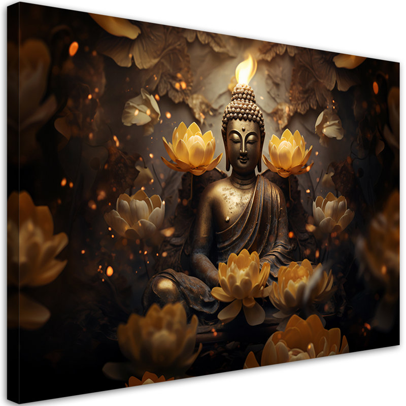 A Canvas Picture Of A Golden Buddha And Lotus Flowers - No Frame Print on Canvas, 70cm H x 100cm W