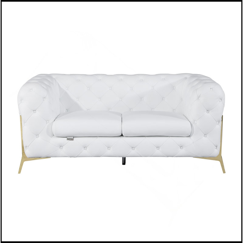 Causeuse rembourrée 100% cuir italien Global United, Blanc, Doré