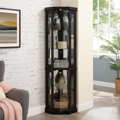Bibliothèque d'angle avec portes en verre et lumière, vitrine à 5 niveaux avec tablettes réglables, bibliothèque autoportante pour le salon, bureau