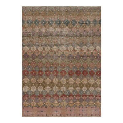 Vintage Distressed Rug, Warm Beige And Blue Geometric Floral Motif - Rug & Kilim