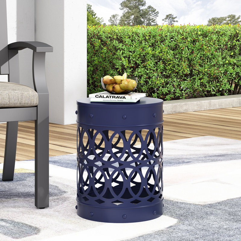 Asbel Modern Outdoor Metal Cylindrical Accent End Table with Iron Cut Design for Patio, Balcony & Garden, Navy Blue, 1