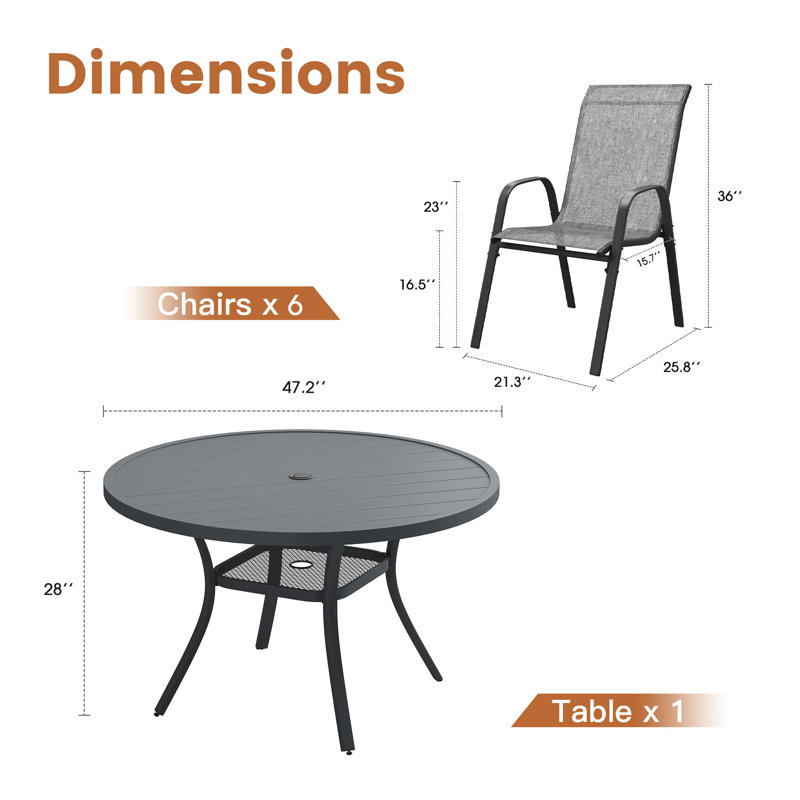 Ensemble repas pour patio 6 personnes avec chaises empilables, Gris, H 28 po x l 47,2 po x P 47,2 po, 6