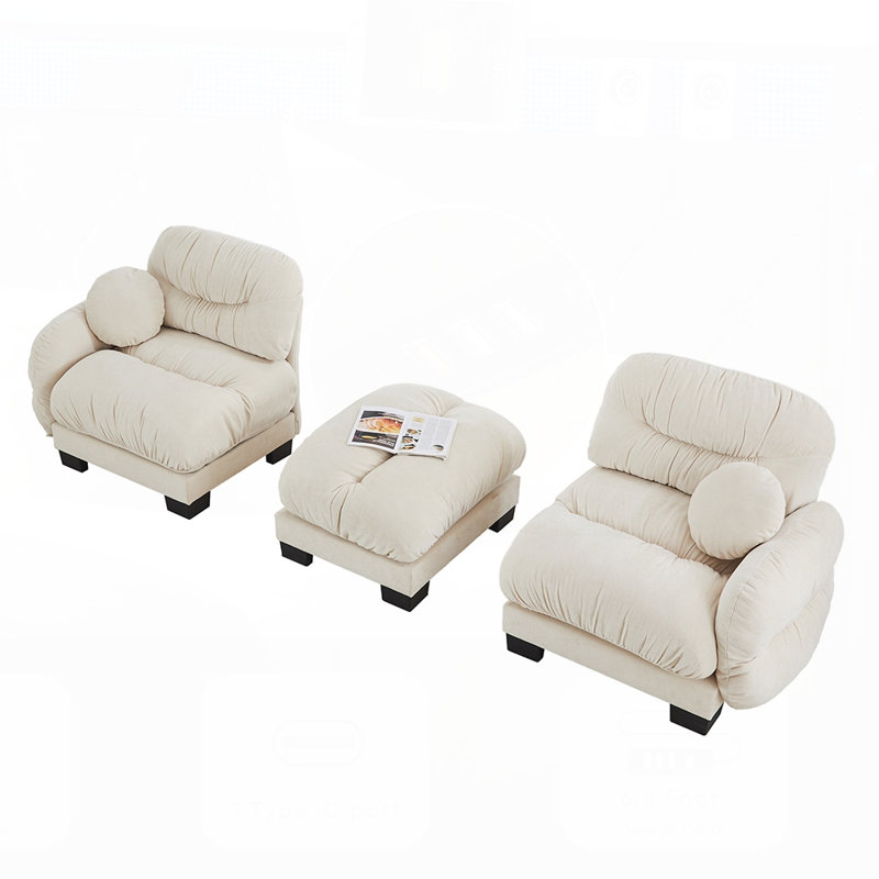 Canapé modulaire confortable à 2 places en tissu de chenille plissé avec siège ergonomique en mousse haute densité, canapé modulaire en forme de L avec repose-pieds, accoudoirs arrondis arrondis et 2 coussins décoratifs ronds