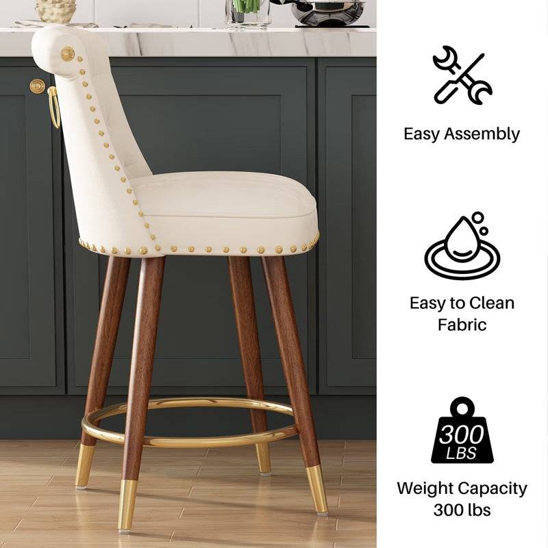 Beige Velvet Upholstered 24" Swivel Counter Stools with Wood Legs