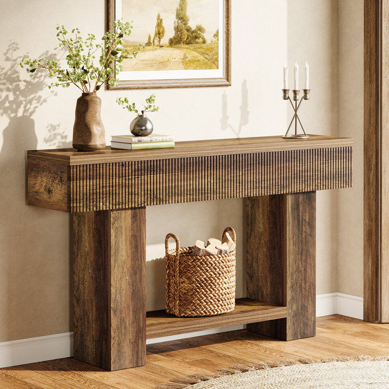 Console 55 po rustique avec rangement à 2 niveaux, table d'entrée en bois, canapé