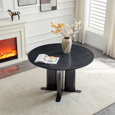 Table de salle à manger ronde en bois MDF grain de bois noir, pieds dégradés noir et blanc avec base en croix, table de cuisine compacte pour 2 à 4 personnes pour les petits espaces