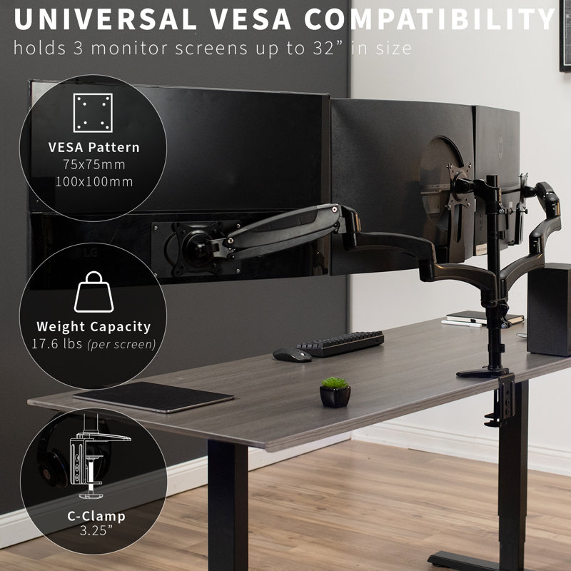 Black Triple Monitor Adjustable Desk Mount with Pneumatic Arms