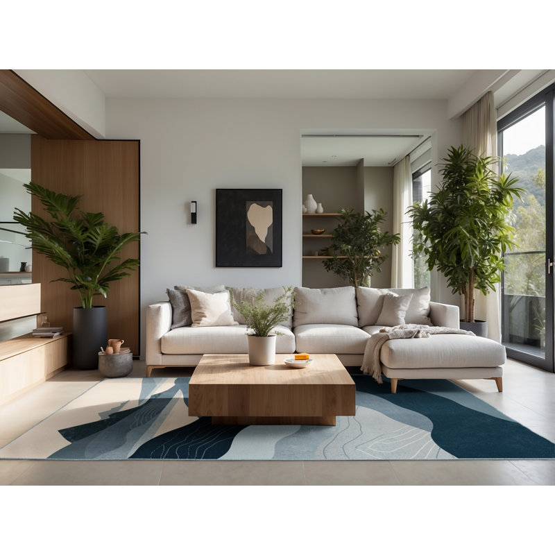Soft Plush Easterly Modern & Contemporary Abstract Area Rug in Gray – SkyBlue Binding, 5x8