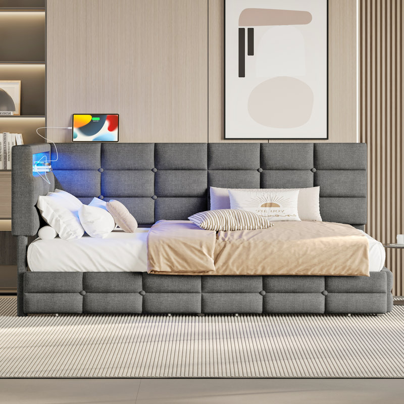 Upholstered Twin Daybed With Led Lights & Charging Station, Storage Drawers, Gray