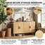 140cm 4-Door Faux Rattan Sideboard with Adjustable Shelves, Japandi PVC Woven Storage Cabinet with Metal Handles, Oak / Black-378395030