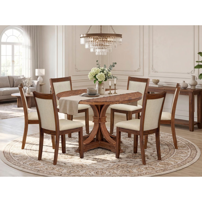 Ensemble de table de salle à manger moderne 7 pièces comprenant une table de cuisine à piédestal et 6 chaises en tissu de lin beige clair avec dossier rembourré - Noyer antique