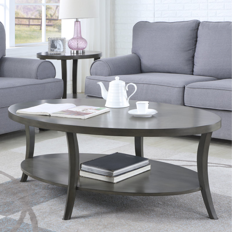 Table basse ovale à tablette grise - à la mode avec placage en bois de bouleau et espace de rangement supplémentaire