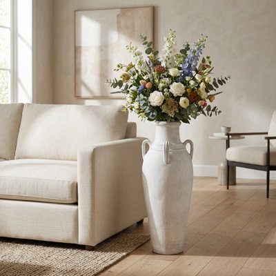 Tall Amphora Terracotta Tall Floor Vase for Home Decor and Table Display - Table Vase with Handles for Centerpieces Flower Style - Ivory & Tan