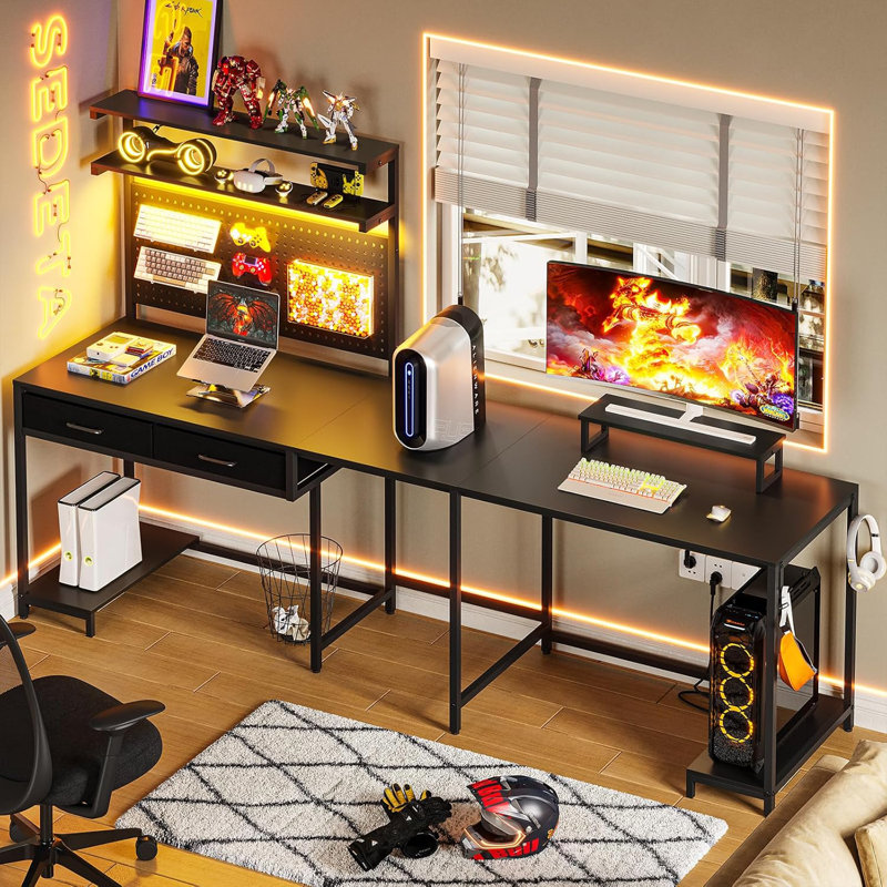 Tyreshia L-Shaped Computer Desk with Hutch, Black/Black, 58.1" H x 89.7" W x 18.9" D
