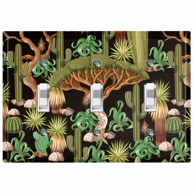 Green Tree Desert Palm Plants Black 3 - Gang Toggle Light Switch Standard Wall Plate