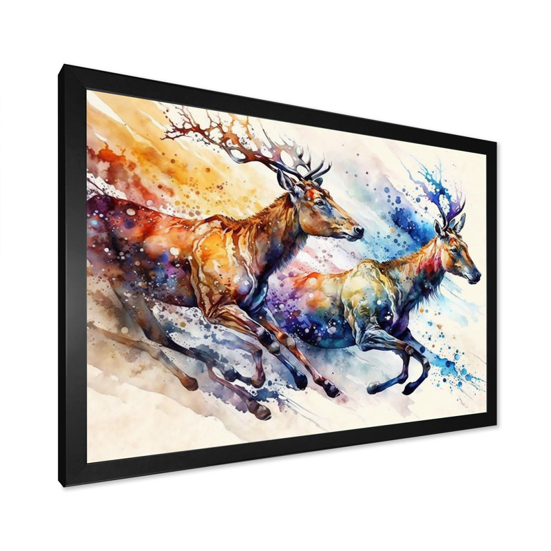 " Deers Running ", Black Picture Framed Canvas, 20" W x 12" H