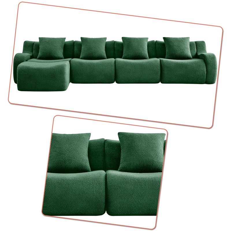 Canapé modulaire rembourré 4 places avec repose-pieds, Ours en peluche vert, H 35,43 po x l 148,02 po x P 65,73 po