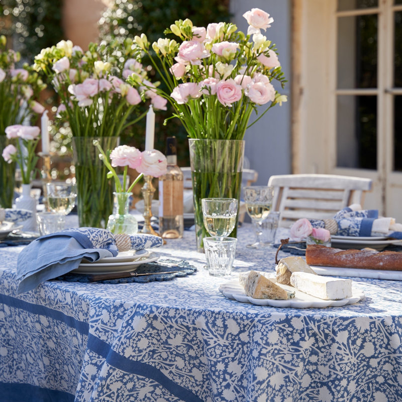 Meadows Handmade Floral Tablecloth, 128" x 71", Blue