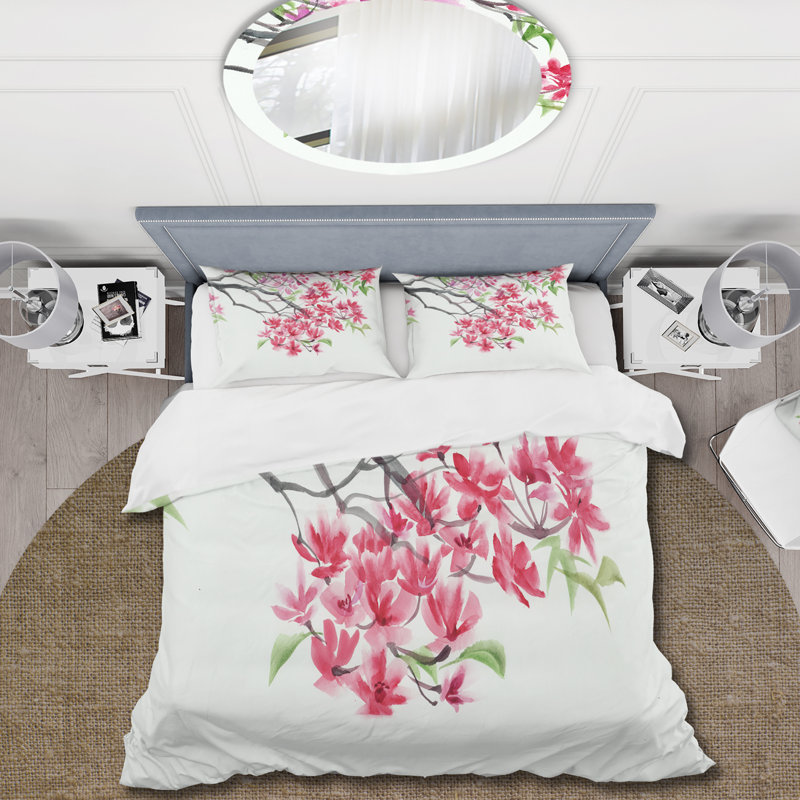 Arbre en fleurs rouges - ensemble de housse de couette traditionnel - microfibre de polyester