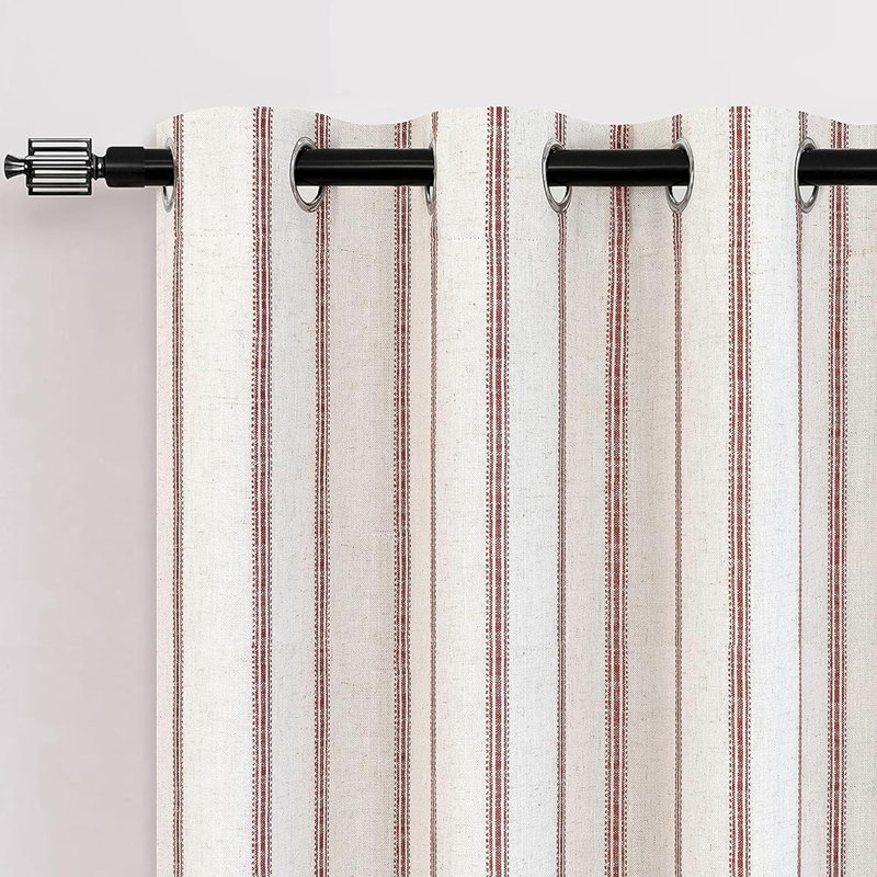 Blackout Curtain Pair, Red Stripe/Light Linen, 52" W x 36" L