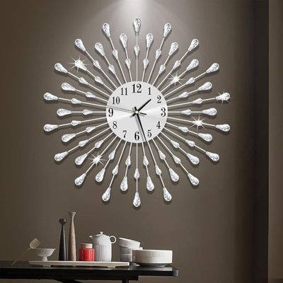Large Wall Clock Metal Decorative Wall Clocks Silent Non-Ticking,Bling Shining Modern Art Starburst Big Wall Clocks For Living Room Bedroom Dining Room Kitchen Decor,Dia 19.7 Inch Silver