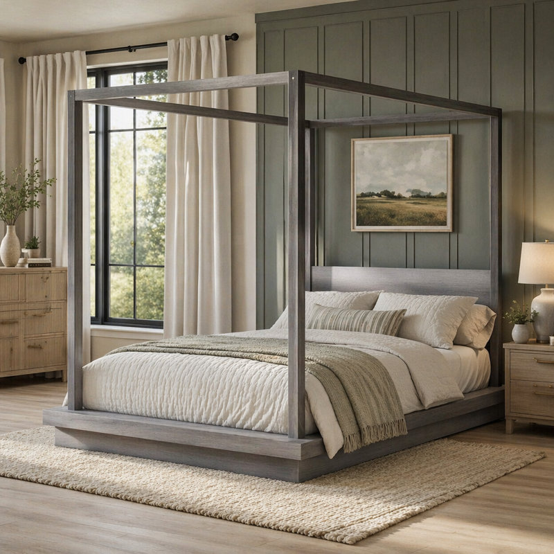 Grand lit plateforme à baldaquin en bois avec tête de lit, gris, durable et élégant pour les chambres à coucher modernes