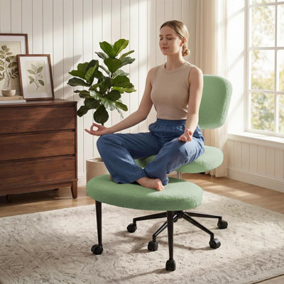 Ergonomic Cross Legged Office Chair With Wheels, Adhd Chair For Adults, Meditation Chair, Yoga Office Chair, Kneeling Chairs With Comfortable Back Support, Height Adjustable, Teddy Fabric, Green