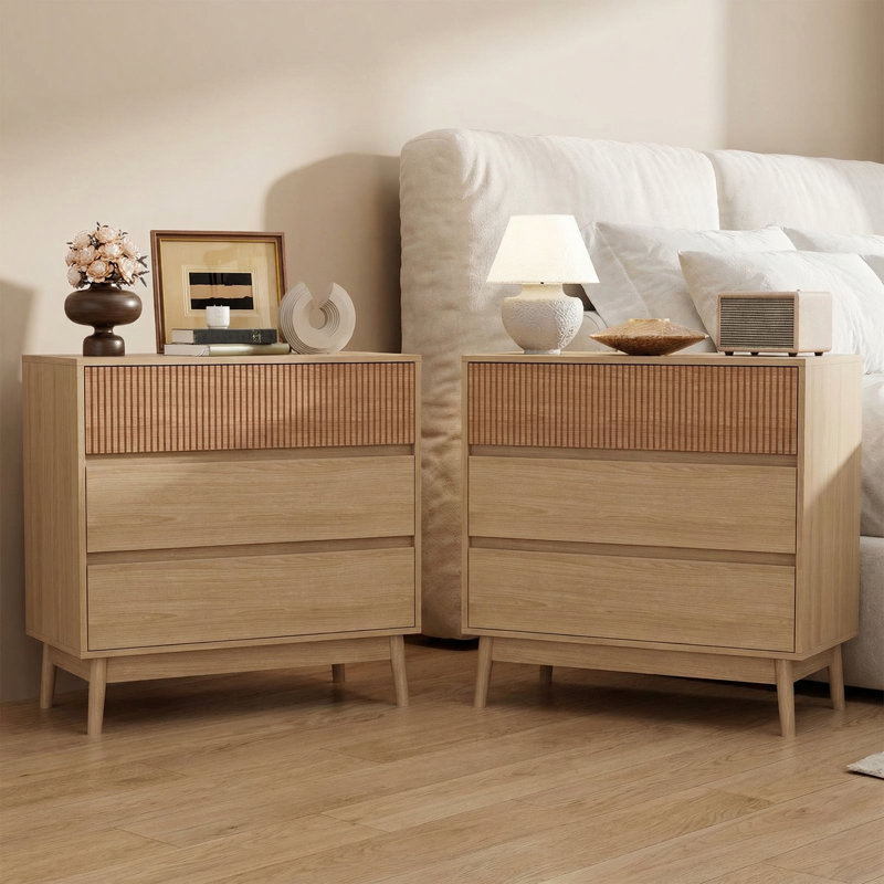Natural Wood Nightstand With 3 Drawers And  Striped Surface, Set of 2