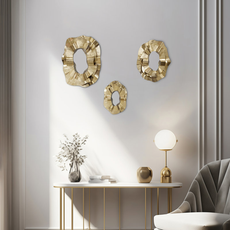Metal Decorative Round Abstract Wall Mirror for Home Decor – Large Framed Mirrors for Bathroom, Vanity Table, or Wall Decor – Set of 3, 24", 20", 16"