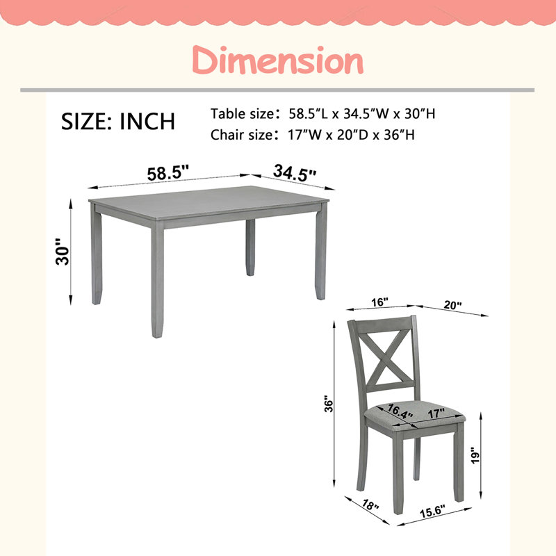 Ensemble de table à manger et de chaises en bois massif 7 pièces, table moderne de 58,5 pouces avec chaises rembourrées 6 pièces (style X-Back) pour la cuisine