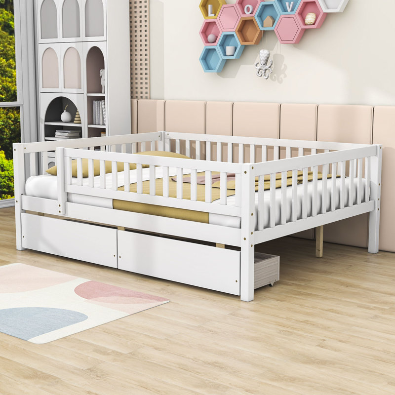 Lit en bois avec deux tiroirs, Double, Blanc