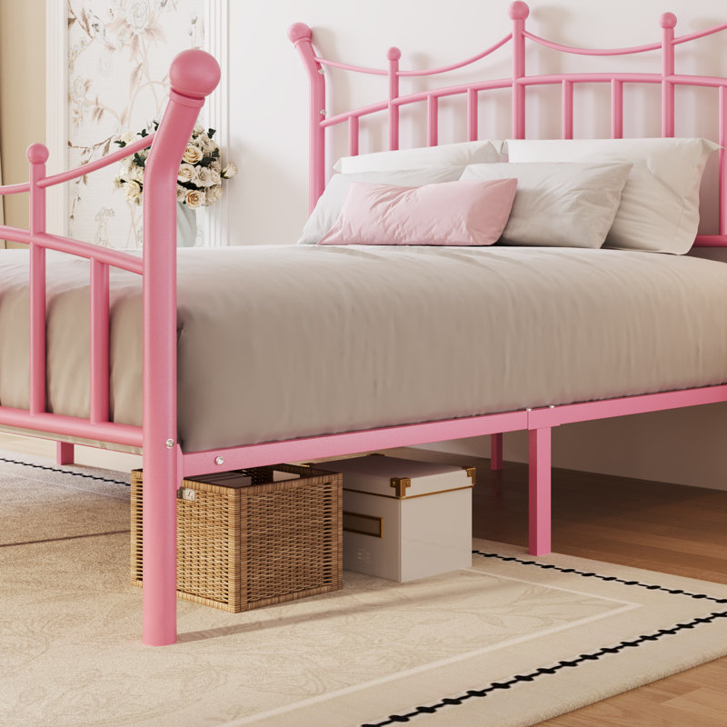 Lit plateforme en métal en forme de couronne de style rétro d'adolescentes de rêve, aucun sommier nécessaire, Lit double
