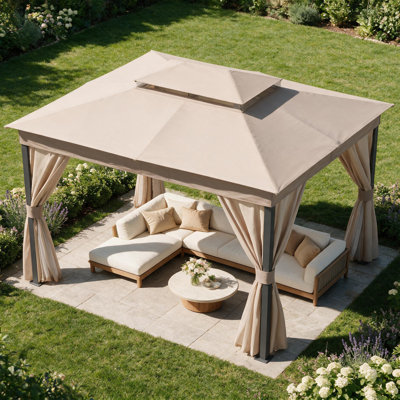 13 pi. L 10 pi. D Pavillon de jardin en acier avec double toit souple, rideaux et moustiquaire