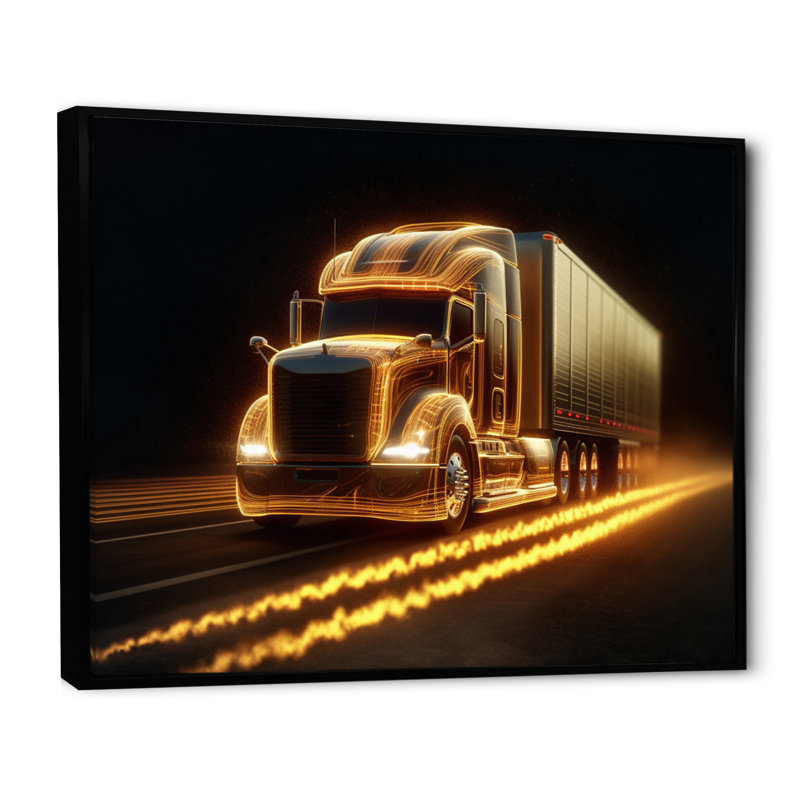 Camion jaune semi-néon sur toile, H 16 po x l 32 po x P 1 po, Cadre flottant noir