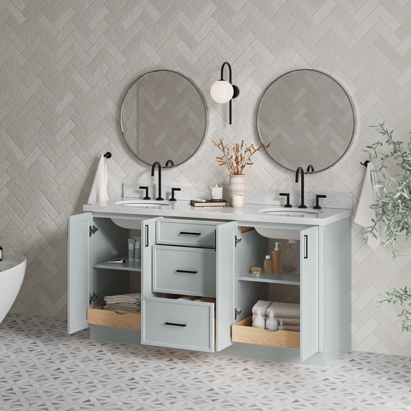 Ariel Kellie 67 Inch Double Oval Sink Bathroom Vanity With Italian Carrara Marble Countertop, Gray
