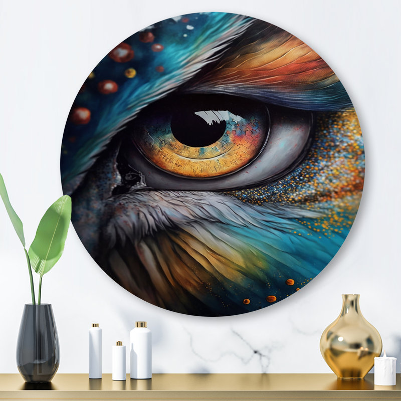 «Blue Spirital Owl Eye», art mural rond en métal hibou, H 16 po x l 16 po x P 1 po