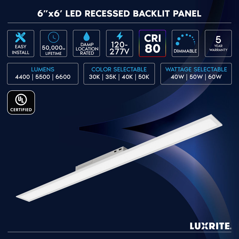 6X6 FT LED Recessed Backlit Panel 4CCT 3000K-5000K 40W/50W/60W Selectable, Up To 6600LM, Drop Ceiling Lights, 0-10V Dimmable UL Listed 24 Pack