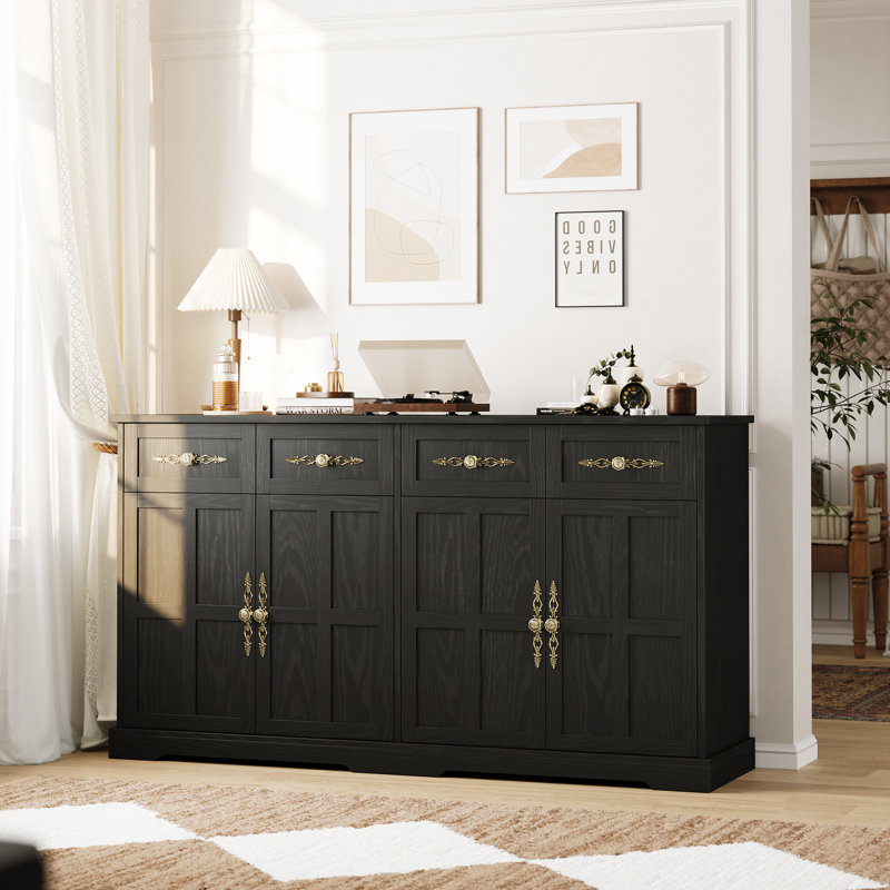 Buffet moderne 4 portes et 4 tiroirs - Rangement pour salle à manger - Poignées dorées, grain de bois noir - pour la cuisine, le salon ou le vestibule