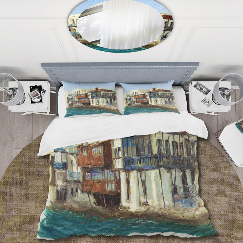 Vieilles maisons sur l'île de Mykonos, Grèce - Ensemble de housse de couette nautique - Polyester en microfibre