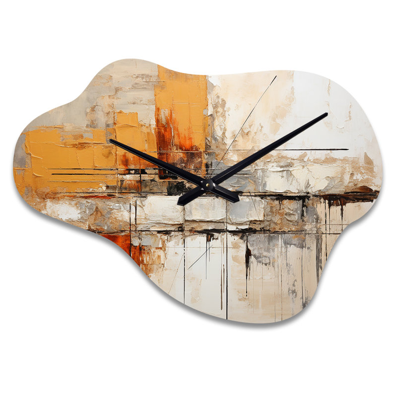 Orange Impressions II - horloge murale abstraite en métal avec collage, horloge murale asymétrique moderne, Grand