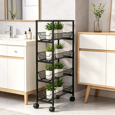 Slim Rolling Storage Cart With Pull-Out Mesh Baskets, 5-Tier Space-Saving Utility Cart With Locking Wheels For Kitchen, Bathroom, Laundry Room Organiz