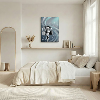 Ensemble de 1 tableau sur toile représentant un microphone et un casque vintage avec des notes de musique