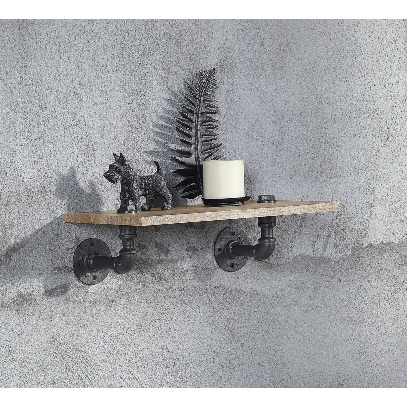 Support mural Brantley en chêne et sable noir, style industriel avec structure en métal et tablettes durables en panneau de fibres à densité moyenne pour un décor moderne.