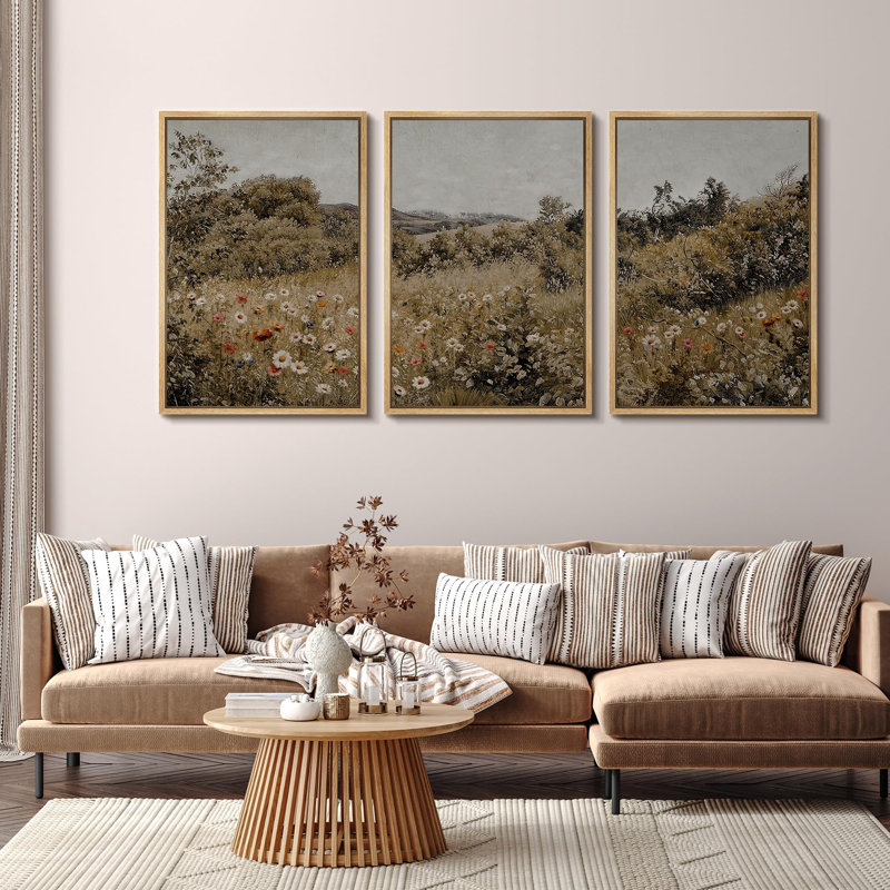 Wildflowers " Summer Wildflower Lush Floral Landscape Illustration Modern Decor Relax Calm Chic " 3 - Pieces, Natural