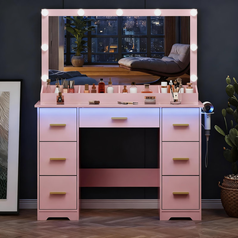 Coiffeuse avec miroir lumineux DEL, Pink