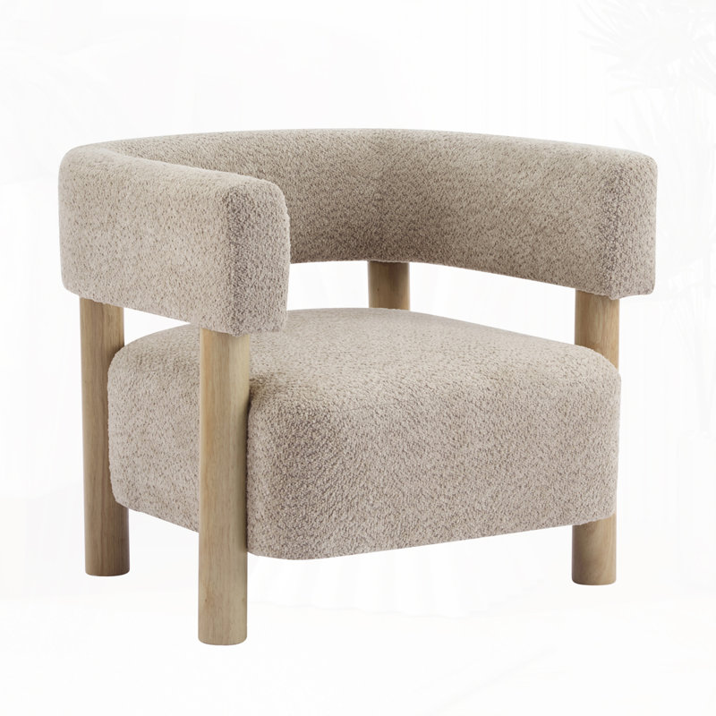 Lejon Boucle Upholstered Accent Chair With Rubberwood Legs, Wheat, Natural Wood