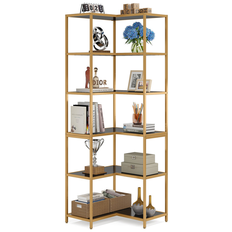 180cm H x 60cm W Metal Corner Bookcase, Gold/Black