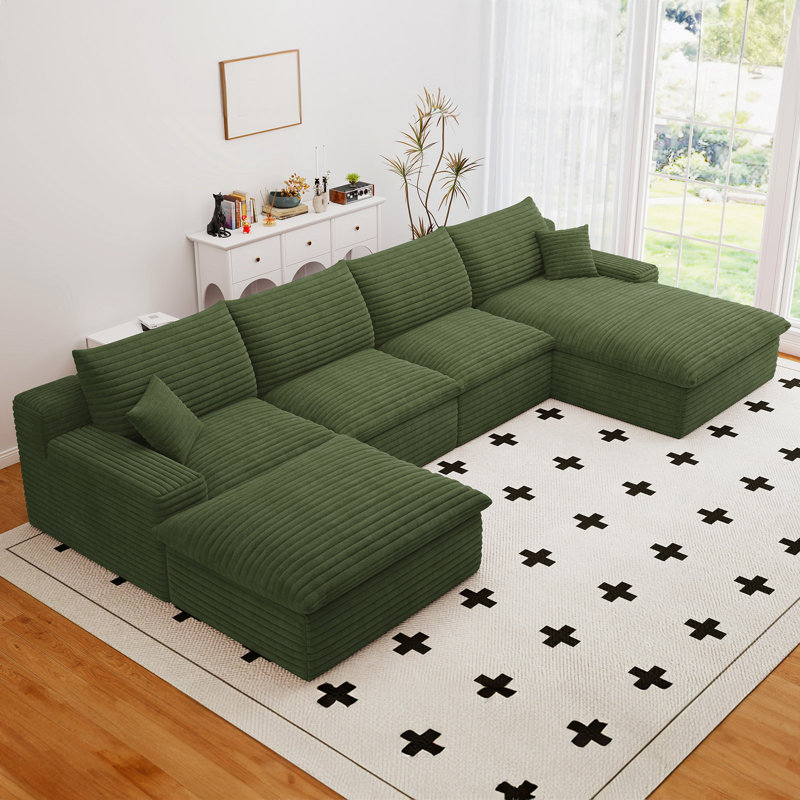 Boneless 136" U Shaped Sectional Couches, Corduroy Sectional Sofa With Reversible Storage Ottoman, 4 Seater Sofa With Throw Pillows Upholstered L-Shaped Couch For Living Room