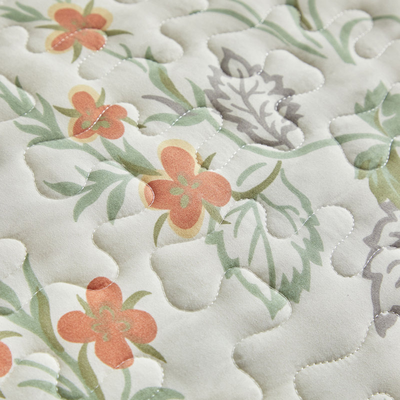 3 Piece  All Season Cottagecore Microfiber Quilt Set, Green Floral, King Quilt + 2 King Shams