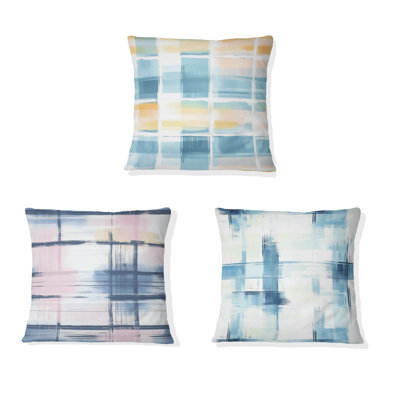 Plaid Decorative Cushion Set of 3 - Light Horizon Plaid Modern Printed Throw Pillow